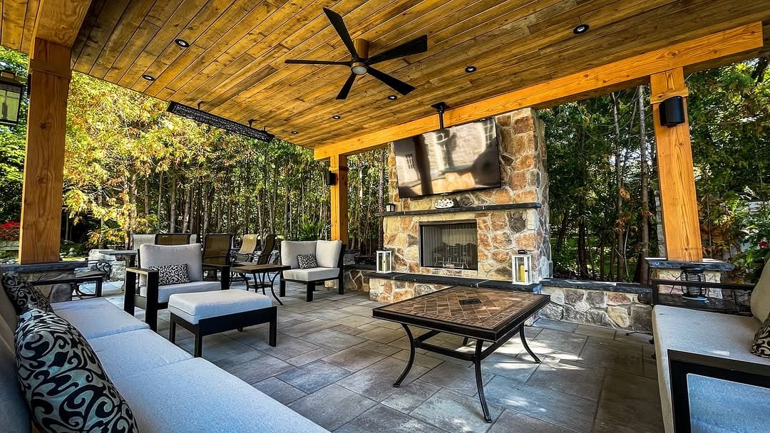 Custom Wooden Gazebo with Fireplace & Entertainment